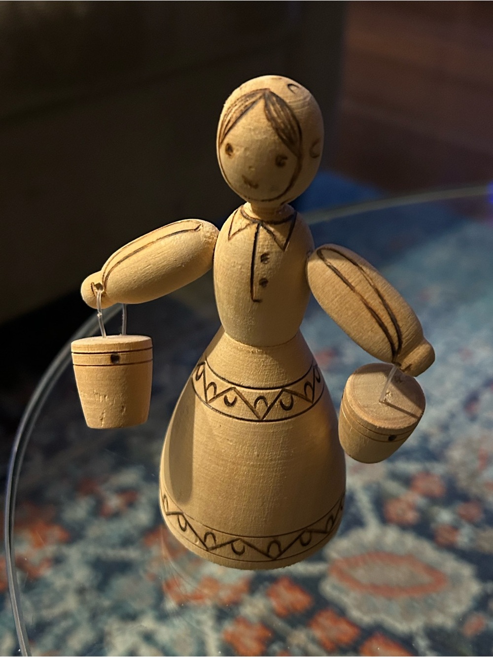 Soviet-era Handcrafted Wooden Figurine Peasant Girl with Buckets - Natural Wood